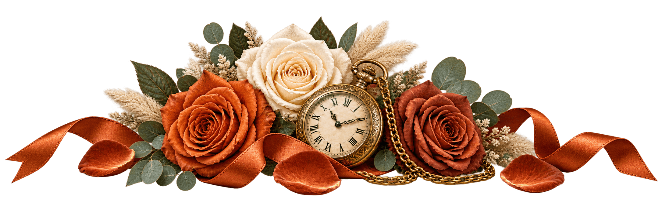 Antique watch with terracotta roses and ribbon