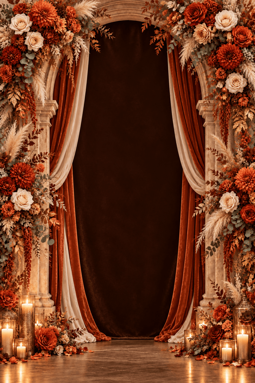 Burnt orange and ivory roses with pampas, candlelight, and terracotta drapery