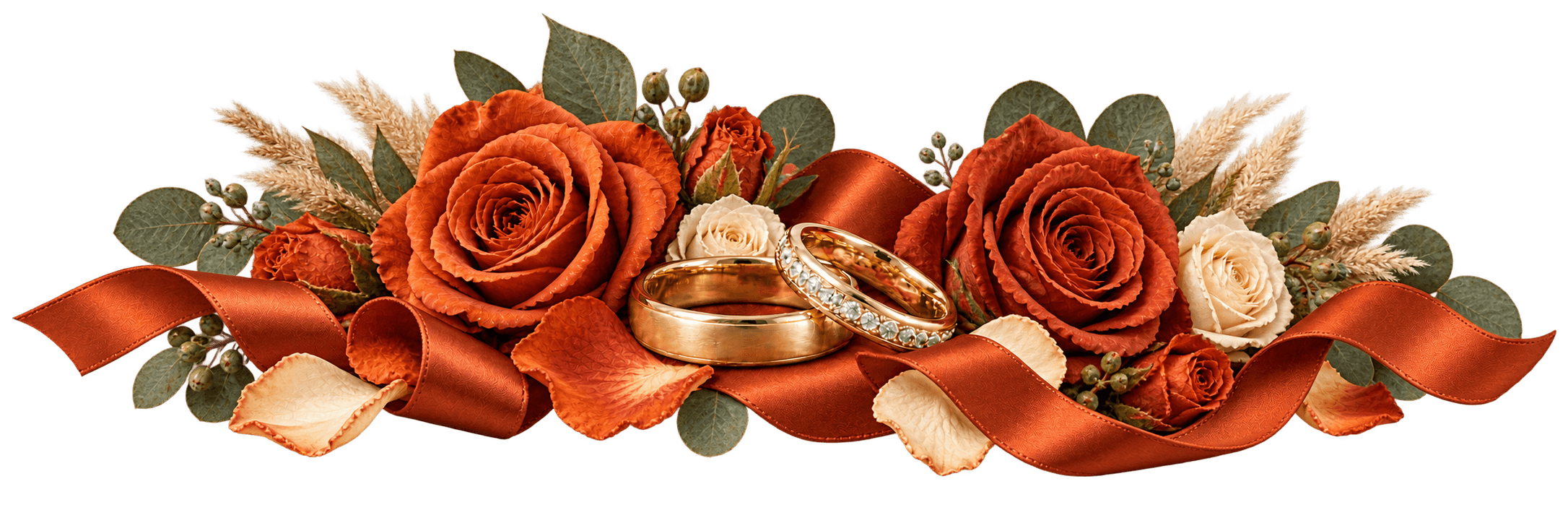 Wedding rings with terracotta roses and ribbon